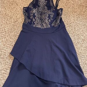 Navy Blue High Low Dress with Silver Embroidery